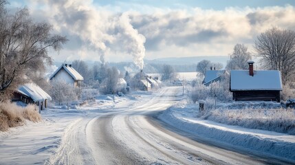 An icy road leading to a picturesque village, with smoke rising from chimneys and snow gently falling, creating a cozy atmosphere.