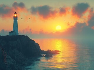 Lighthouse Silhouette at Ocean's Edge, dramatic cliffside view, serene twilight atmosphere, waves crashing, guiding light against the horizon