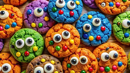 Close-up of freshly baked colorful monster cookies with eyes for Halloween, monster, cookies, colorful, baked, fresh, Halloween
