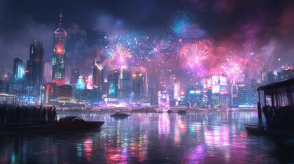 Fototapeta premium A New Year's Eve celebration with fireworks lighting up the night