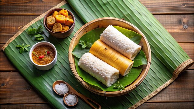 Traditional South Indian puttu breakfast served with banana and kadala curry, prepared in a bamboo steamer , South Indian