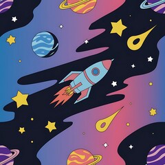 Stylized retro space objects vector seamless background