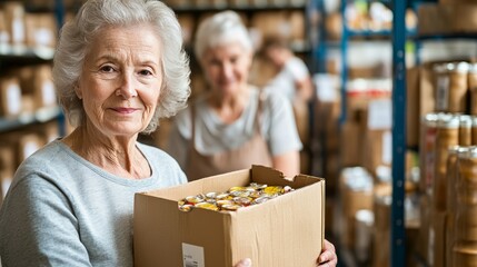 Elderly couple joyfully volunteering at a local food bank, sorting donations and supporting community initiatives on a sunny afternoon