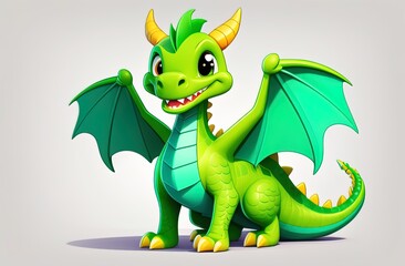 Naklejka premium A cute, cartoon-style green dragon with large eyes, playful expression, and small wings poses cheerfully, creating a whimsical and friendly fantasy character.
