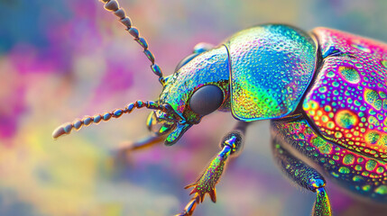 Fototapeta premium A close-up macro of a beetle’s iridescent shell, intricately patterned with Mandelbrot fractals in vivid rainbow hues.