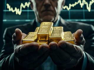 Professional photo of an investor holding gold bars, stock graphs in the background, reflections adding a sense of depth and investment appeal