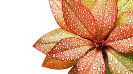 Close-up of red and green leaves with water droplets, isolated on white background.