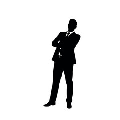 A businessman silhouette standing with crossed arms, facing forward with a strong, confident stance