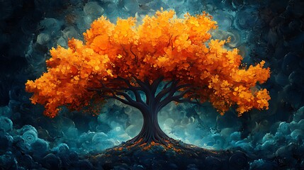 A solitary tree with vibrant orange leaves stands tall against a backdrop of swirling blue clouds.