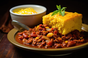 A serving of traditional cornbread and chili