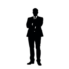 A businessman silhouette standing with crossed arms, facing forward with a strong, confident stance