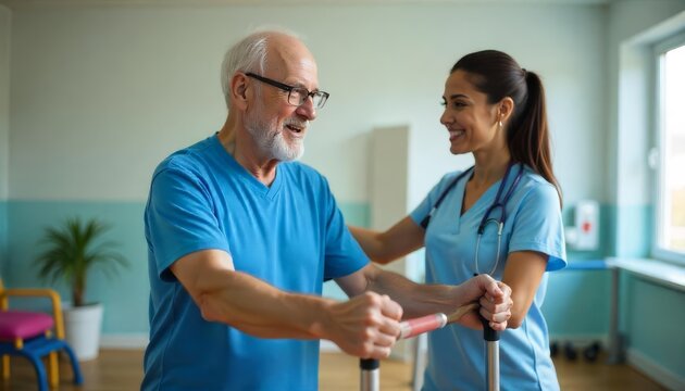 A senior man engages in physical rehabilitation therapy with a cheerful healthcare professional in a bright and supportive environment during a morning session