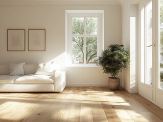 Fototapeta premium Minimalist family room featuring soft pastel walls, a simple white sofa, and light wood floors for a bright, open space