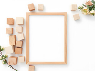 A wooden frame with a white background and a bunch of wooden blocks on top of it