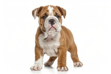 Obraz premium An English Bulldog puppy stands on a white background, displaying its playful and curious expression