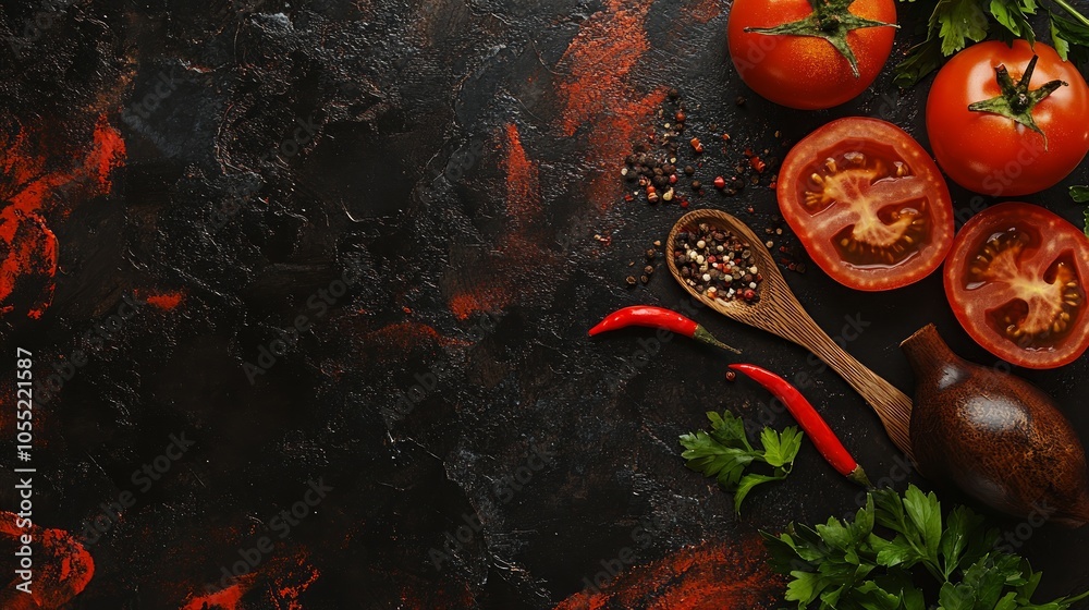 Wall mural Fresh red tomatoes, chili peppers, parsley, peppercorns, and a wooden spoon on a dark rustic background.