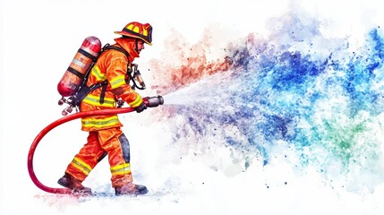 Heroic firefighter battles blaze, watercolor painting depicting courage, resilience, and duty amidst danger