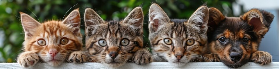 A group of tabby kittens and a small puppy sit side by side, showcasing their playful expressions and curious nature

