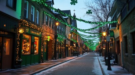 A street lined with buildings decorated for St. Patrick's Day,