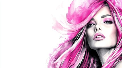 Fototapeta premium Striking portrait of a woman with vibrant pink hair and matching hat, captivating display of style confidence