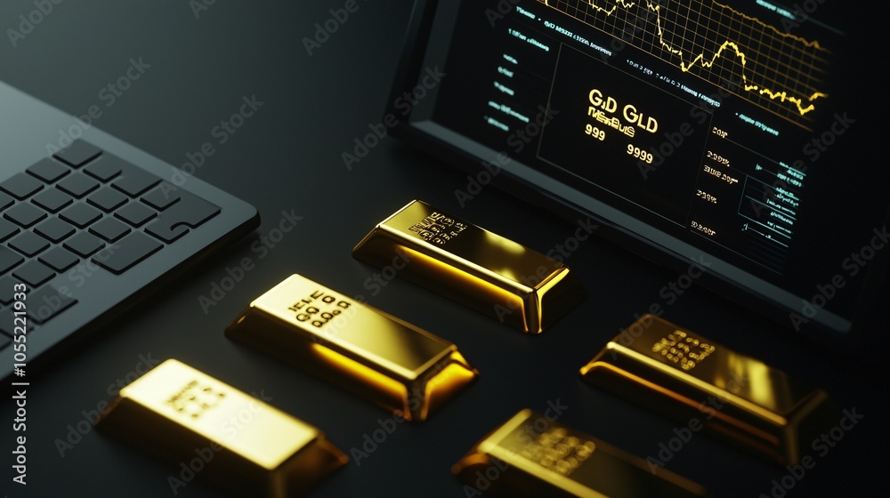 Poster an open notebook with graphs on gold investment trends, accompanied by gold bars in the foreground, 