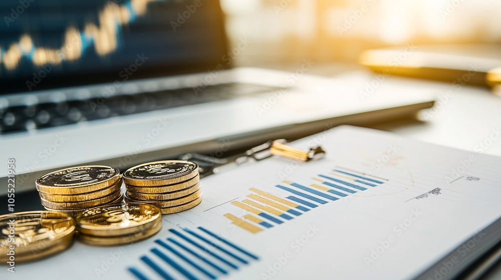 Poster an open notebook with graphs on gold investment trends, accompanied by gold bars in the foreground, 