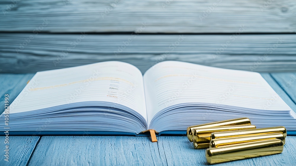 Poster an open notebook with graphs on gold investment trends, accompanied by gold bars in the foreground, 