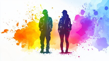 Two people against a colorful backdrop, vibrant and dynamic visual contrast in contemporary photography