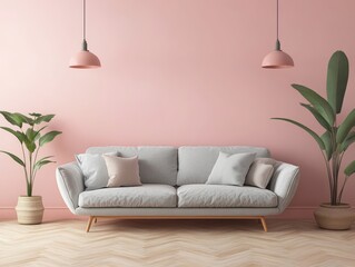 Minimalist family room with pale pink walls, a simple gray sofa, and sleek light wood flooring