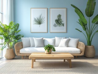 Minimalist family room with pastel walls, a simple wood coffee table, and one statement decor item for a sleek look