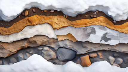 Layered rock formations with a mix of white, brown, and gray tones.
