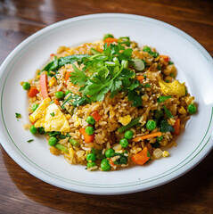A plate of colorful fried rice mixed with carrots, eggs, peas and more.