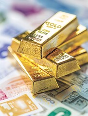Golden bars carefully stacked with a background of fluctuating currency symbols, hinting at the stability of gold amidst global market changes