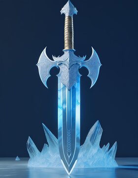 3D illustration of a fantasy sword in the ice with a blue background