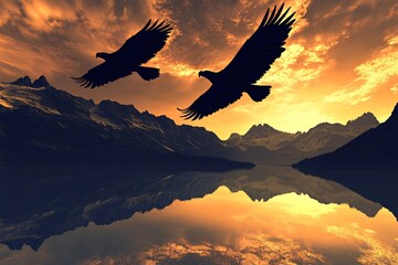 Obraz premium Two Bald Eagles Soaring Over a Serene Lake at Sunset