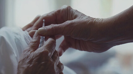 Senior citizen receiving vaccine shot in clinic, symbolizing hope and resilience in overcoming health challenges, community support for public health initiatives.