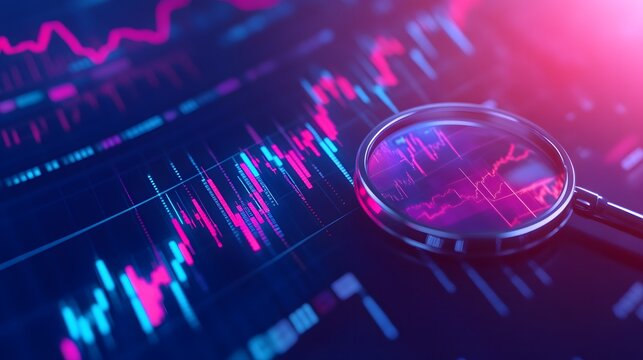3D graph up with search notice icon for finance statistic, sell and buy report. analyzing investment money cash and exchange with finance. 3d trading stock report icon vector render illustration