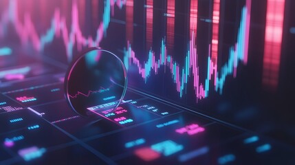 3D graph up with search notice icon for finance statistic, sell and buy report. analyzing investment money cash and exchange with finance. 3d trading stock report icon vector render illustration