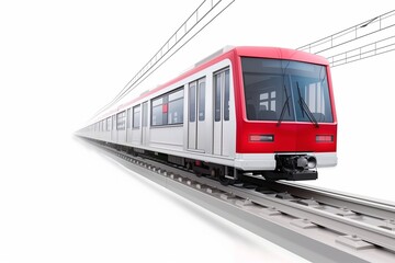 Naklejka premium High-speed modern train on track with electric wires in a minimalist background.