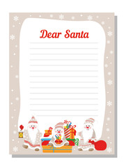New Year letter to Santa Claus, wish list. Cute gnomes with gifts. Holiday new year decoration template.