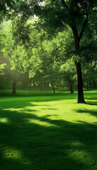 Obraz premium Background of green trees and soft grassy ground -