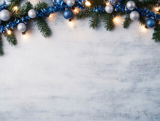 Christmas garland with blue and silver ornaments on textured white background.