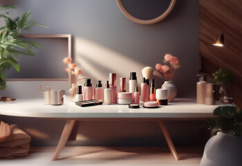 A collection of pink and white skincare products on a white table with natural light.