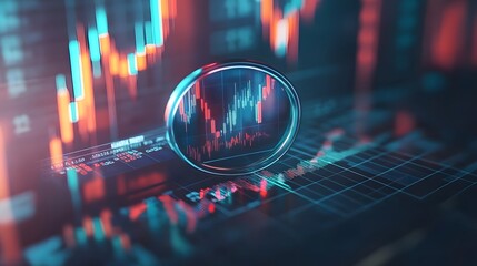 
3D graph up with search notice icon for finance statistic, sell and buy report. analyzing investment money cash and exchange with finance. 3d trading stock report icon vector render illustration