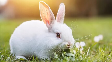 Rabbit nibbling on fresh green leaves in a garden, surrounded by blooming flowers