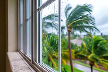 Inside of a home during a hurricane, palms in background being blown by the strong winds and rain, house is protected with the windows	
