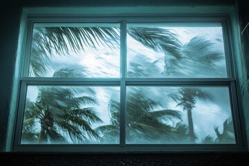 Inside of a home during a hurricane, palms in background being blown by the strong winds and rain, house is protected with the windows	
