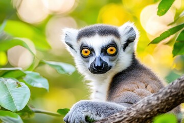 Obraz premium Lemur perched on a branch, gazing at the viewer.
