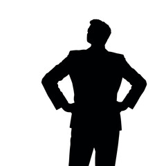 A businessman silhouette with hands on his hips, looking out as if surveying a business deal