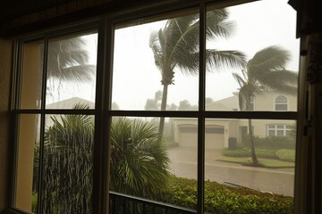 Inside of a home during a hurricane, palms in background being blown by the strong winds and rain, house is protected with the windows	

